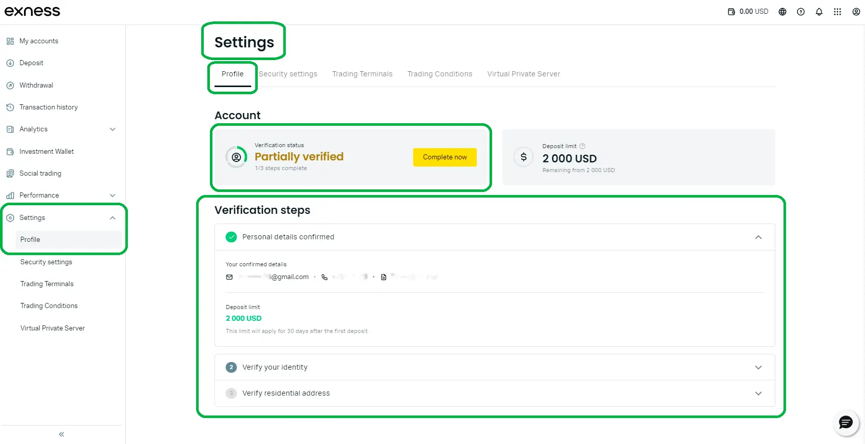 Exness 核实说明，步骤 2 - 设置个人资料进行核实的路径